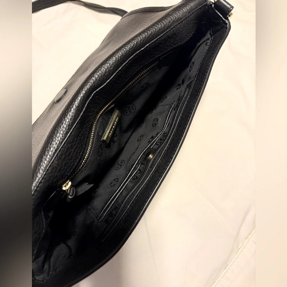 Tory Burch Britten Fold Over Messenger Black Leather Crossbody Purse - Picture 8 of 16